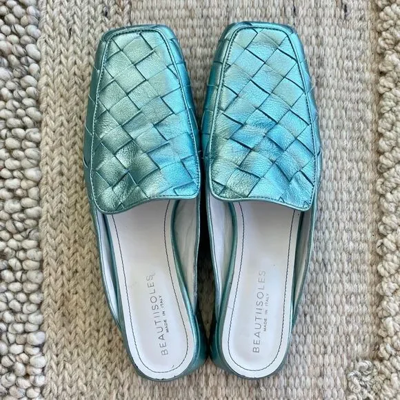 Woven Metallic Blue Mules - Picture 7 of 11